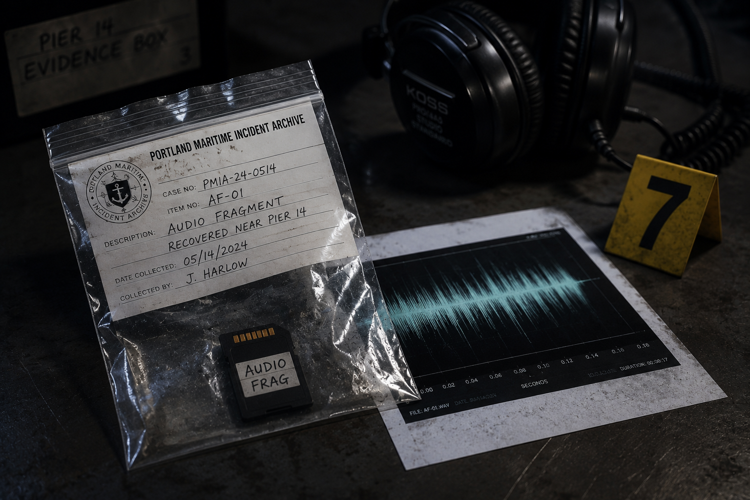 Recovered audio fragment evidence bag, waveform analysis, and headphones