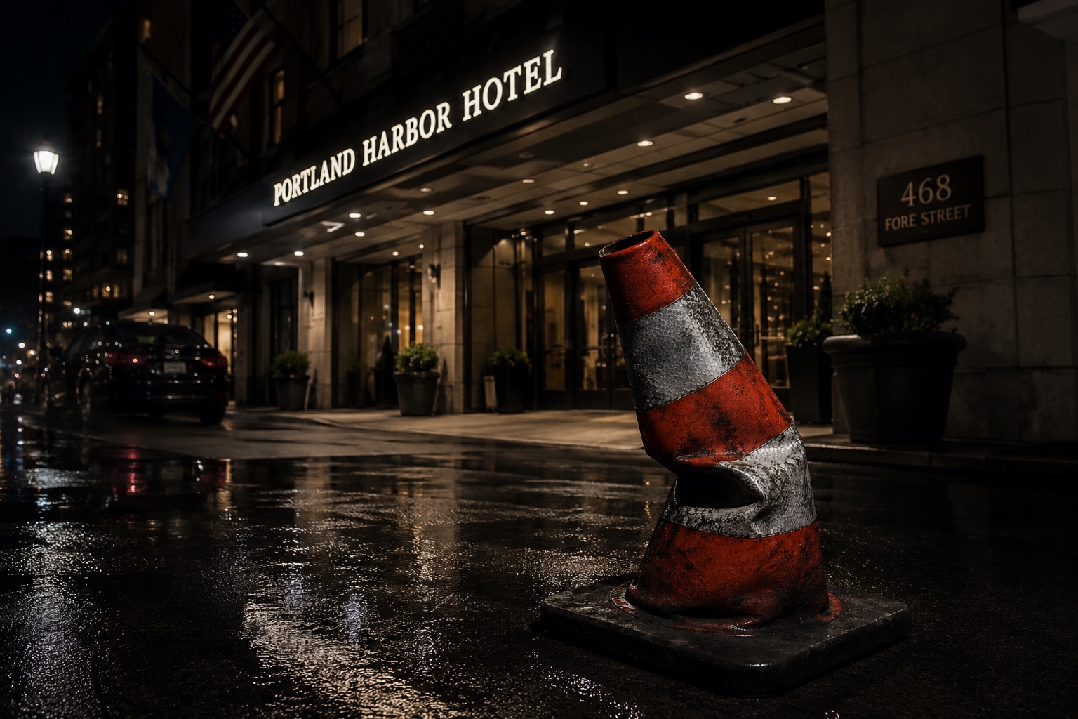 Bent traffic cone outside a Portland harbor hotel at night