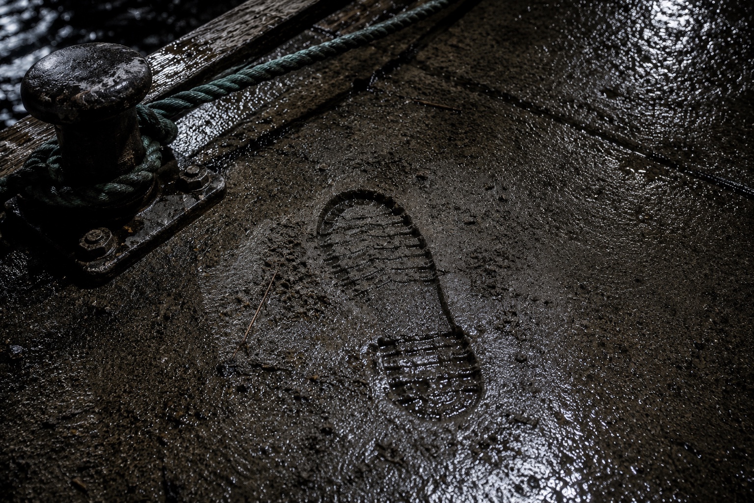 Large boot impression in wet mud on a dock