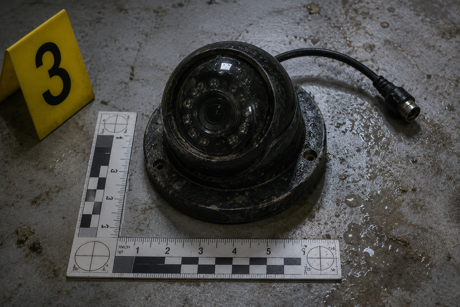Recovered dock surveillance camera photographed with a forensic measurement scale
