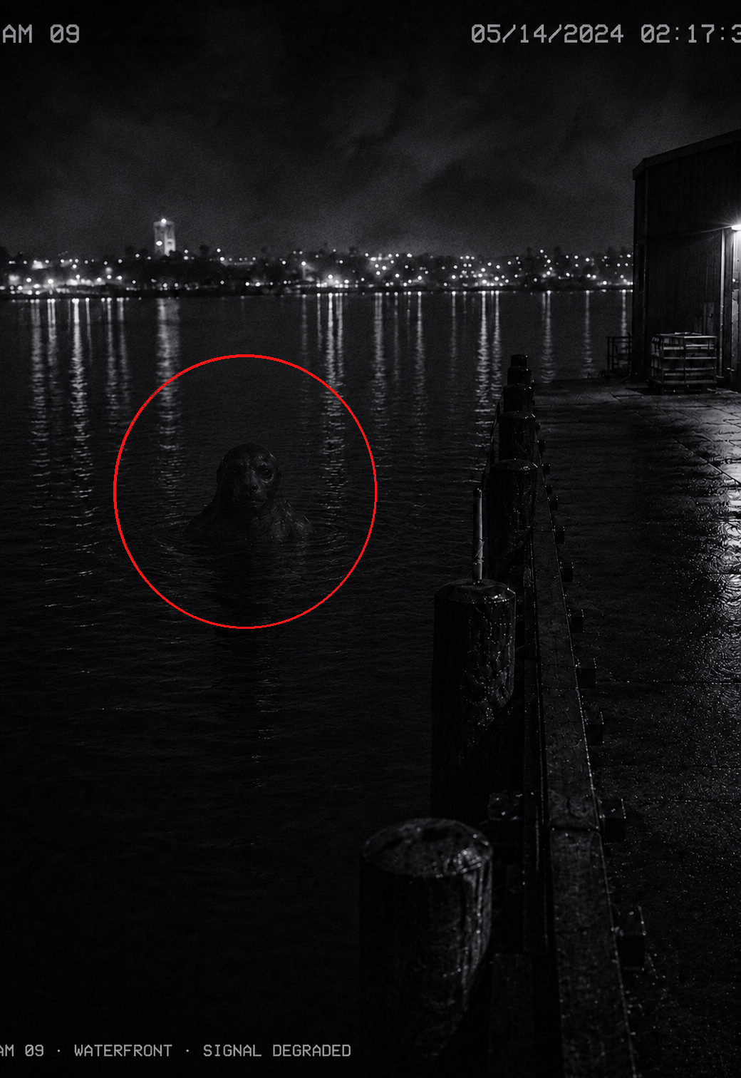 Grainy waterfront surveillance image showing a partially obscured unidentified figure in the water, highlighted by a red circle