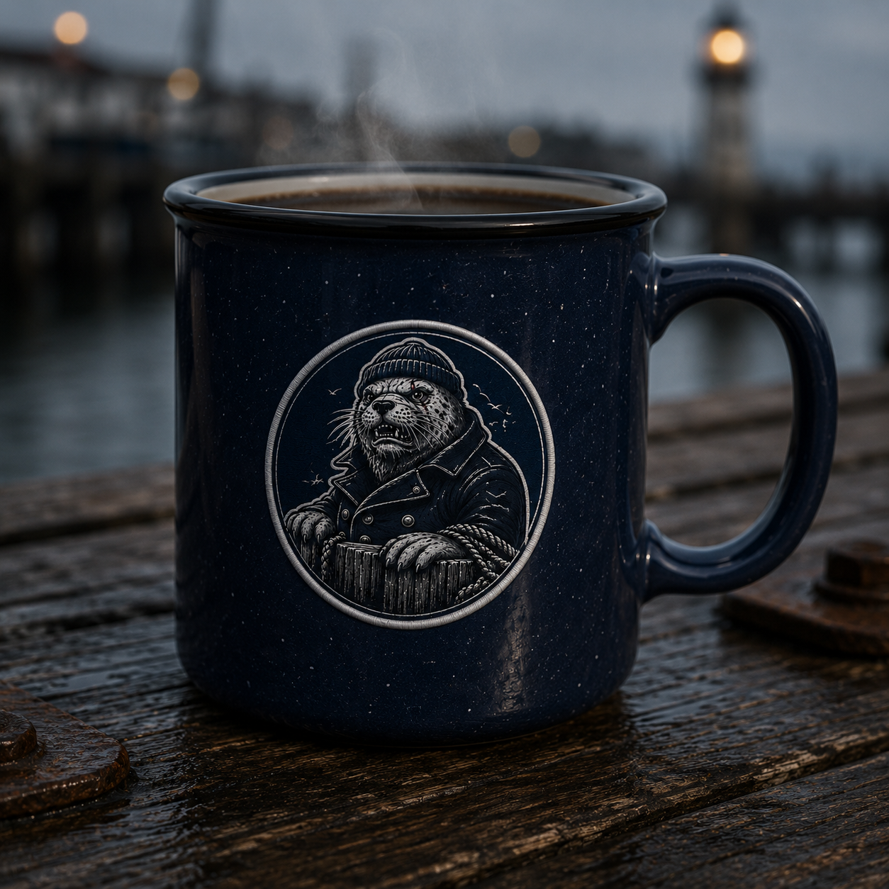 Navy Portland Pounder coffee mug with rugged seal logo