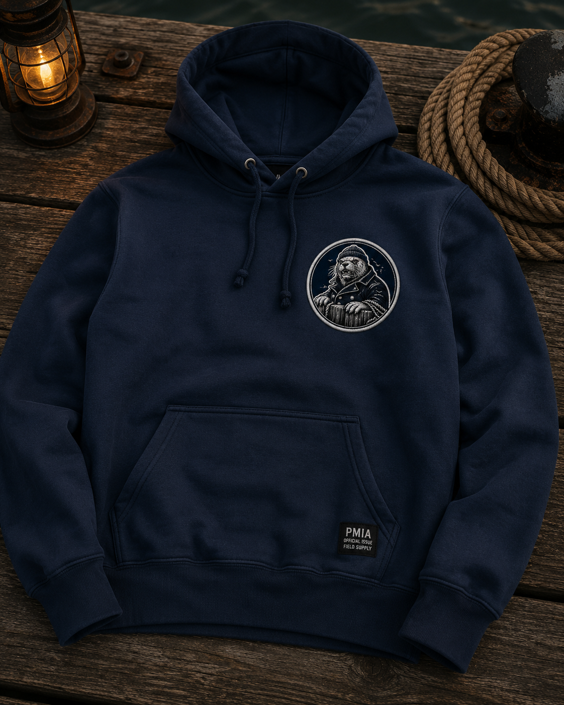 Navy Portland Pounder heavyweight hoodie with rugged seal logo