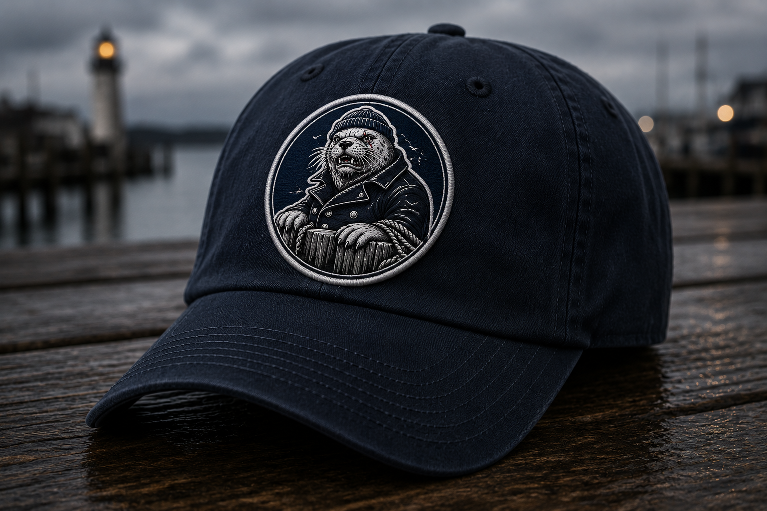 Navy Portland Pounder heritage cap with rugged seal logo