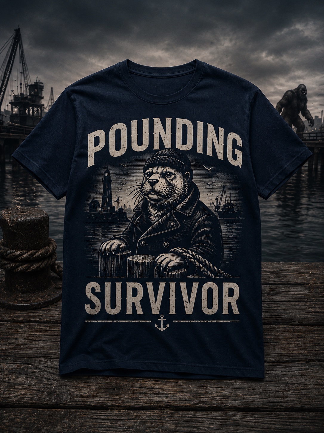 Navy Pounding Survivor tee displayed at Portland Harbor