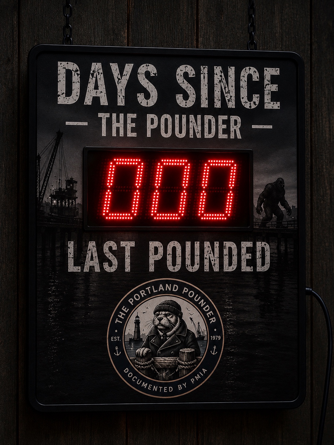 PoundTrax LED sign showing days since the Pounder last pounded