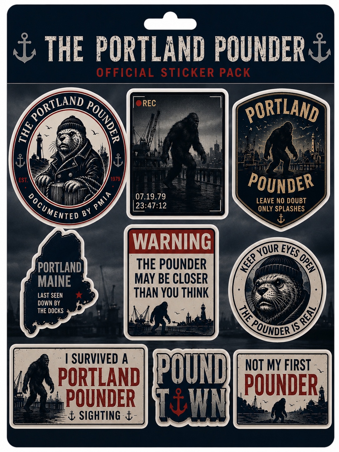 Official Portland Pounder sticker pack featuring nine PMIA-inspired designs