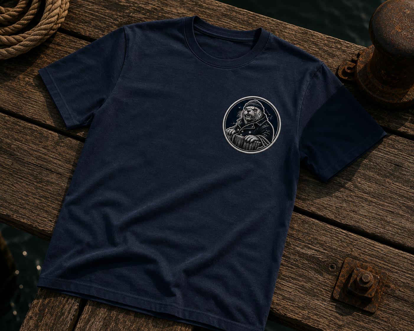 Navy Portland Pounder tee shirt with rugged seal logo